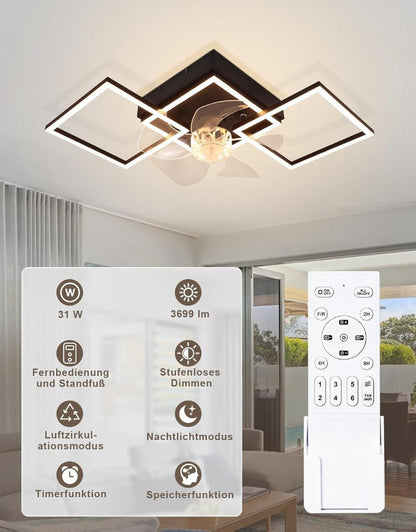 Homefire Moderne Deckenlampe mit Ventilator 68cm - Deckenventilator mit Beleuchtung 6-Gang LED Deckenventilatoren mit Licht Dimmbar mit Fernbedienung Timer für Wohnzimmer Esszimmer - Homefire
