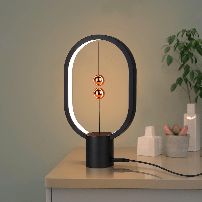 Homefire Nachttischlampe LED Schwarz Tischlampe: Design Heng Balance Lamp Morden Tischleuchte Kleine Deko Magnetlampe mit USB für Wohnzimmer Bedside Schlafzimmer Büro [Energieklasse G] - Homefire