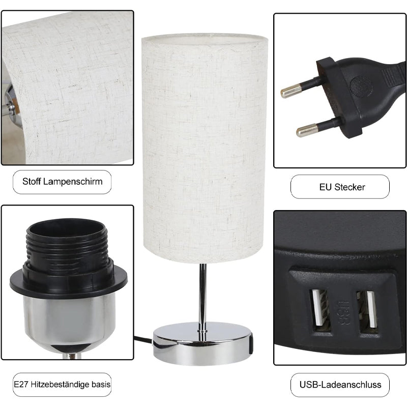 Homefire Nachttischlampe Touch Dimmbar 2er - Tischlampe E27 USB Ladefunktion Wohnzimmer Chrom mit Stoff Lampenschirm für Schlafzimmer Wohnzimmer Nachttisch Schreibtisch Leuchtmittel nicht enthalten [Energieklasse G] - Homefire