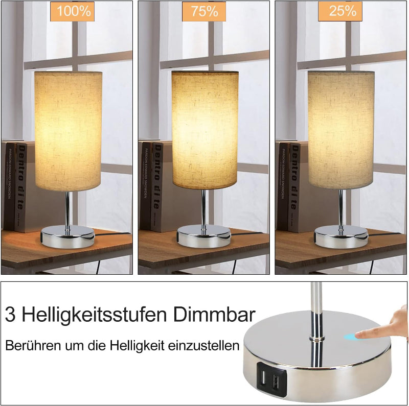 Homefire Nachttischlampe Touch Dimmbar 2er - Tischlampe E27 USB Ladefunktion Wohnzimmer Chrom mit Stoff Lampenschirm für Schlafzimmer Wohnzimmer Nachttisch Schreibtisch Leuchtmittel nicht enthalten [Energieklasse G] - Homefire