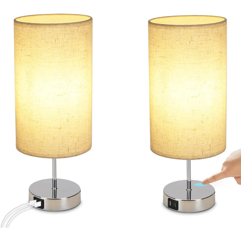 Homefire Nachttischlampe Touch Dimmbar 2er - Tischlampe E27 USB Ladefunktion Wohnzimmer Chrom mit Stoff Lampenschirm für Schlafzimmer Wohnzimmer Nachttisch Schreibtisch Leuchtmittel nicht enthalten [Energieklasse G] - Homefire