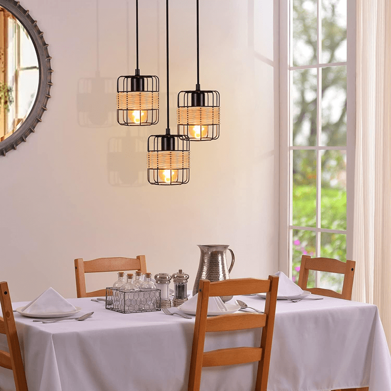 Homefire Pendelleuchte Esstisch Hängelampe Vintage - Rustikal Esstischlampe Rund Schwarz 3 Flammig Retro Hängeleuchte E27 Rattan Wohnzimmerlampe Hängend Metall Natur für Esszimmer Schlafzimmer Küche - Homefire