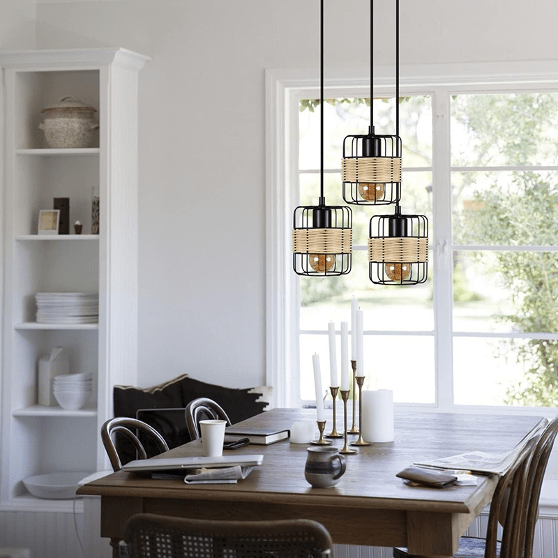 Homefire Pendelleuchte Esstisch Hängelampe Vintage - Rustikal Esstischlampe Rund Schwarz 3 Flammig Retro Hängeleuchte E27 Rattan Wohnzimmerlampe Hängend Metall Natur für Esszimmer Schlafzimmer Küche - Homefire