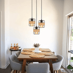 Homefire Pendelleuchte Esstisch Hängelampe Vintage - Rustikal Esstischlampe Rund Schwarz 3 Flammig Retro Hängeleuchte E27 Rattan Wohnzimmerlampe Hängend Metall Natur für Esszimmer Schlafzimmer Küche - Homefire