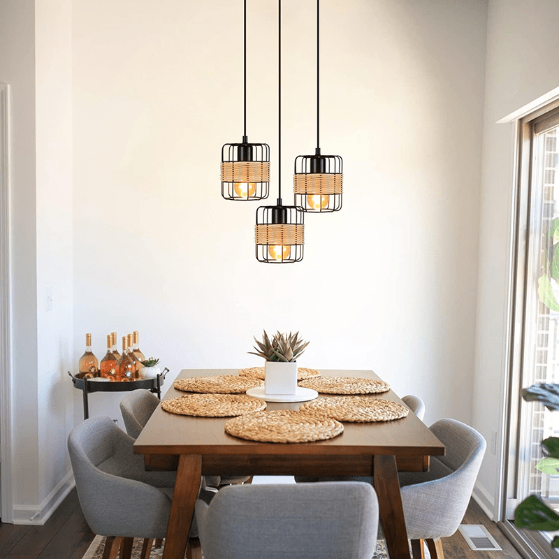 Homefire Pendelleuchte Esstisch Hängelampe Vintage - Rustikal Esstischlampe Rund Schwarz 3 Flammig Retro Hängeleuchte E27 Rattan Wohnzimmerlampe Hängend Metall Natur für Esszimmer Schlafzimmer Küche - Homefire