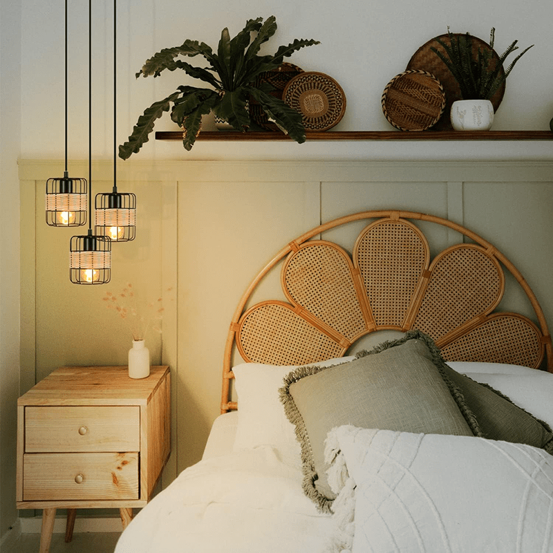Homefire Pendelleuchte Esstisch Hängelampe Vintage - Rustikal Esstischlampe Rund Schwarz 3 Flammig Retro Hängeleuchte E27 Rattan Wohnzimmerlampe Hängend Metall Natur für Esszimmer Schlafzimmer Küche - Homefire