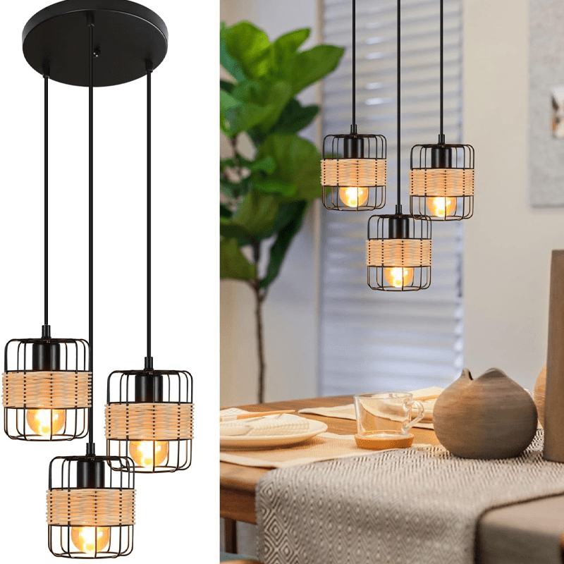 Homefire Pendelleuchte Esstisch Hängelampe Vintage - Rustikal Esstischlampe Rund Schwarz 3 Flammig Retro Hängeleuchte E27 Rattan Wohnzimmerlampe Hängend Metall Natur für Esszimmer Schlafzimmer Küche - Homefire