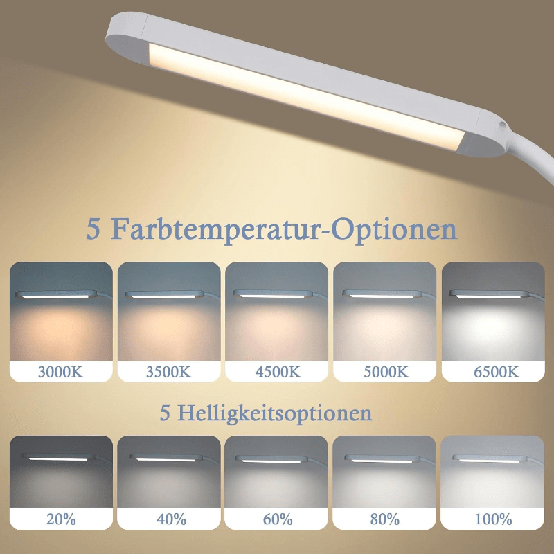 Homefire Schreibtischlampe LED Dimmbar - Klemmbar Tischlampe mit Stecker Bürolampe Tageslichtlampe Weiß 5 Farbtemperatur-Helligkeitsstufen 11W Flexibel Arbeitsplatzleuchte mit Nachtlicht Timerfunktion - Homefire