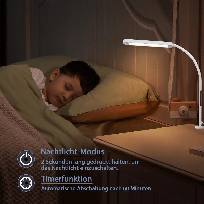 Homefire Schreibtischlampe LED Dimmbar - Klemmbar Tischlampe mit Stecker Bürolampe Tageslichtlampe Weiß 5 Farbtemperatur-Helligkeitsstufen 11W Flexibel Arbeitsplatzleuchte mit Nachtlicht Timerfunktion - Homefire