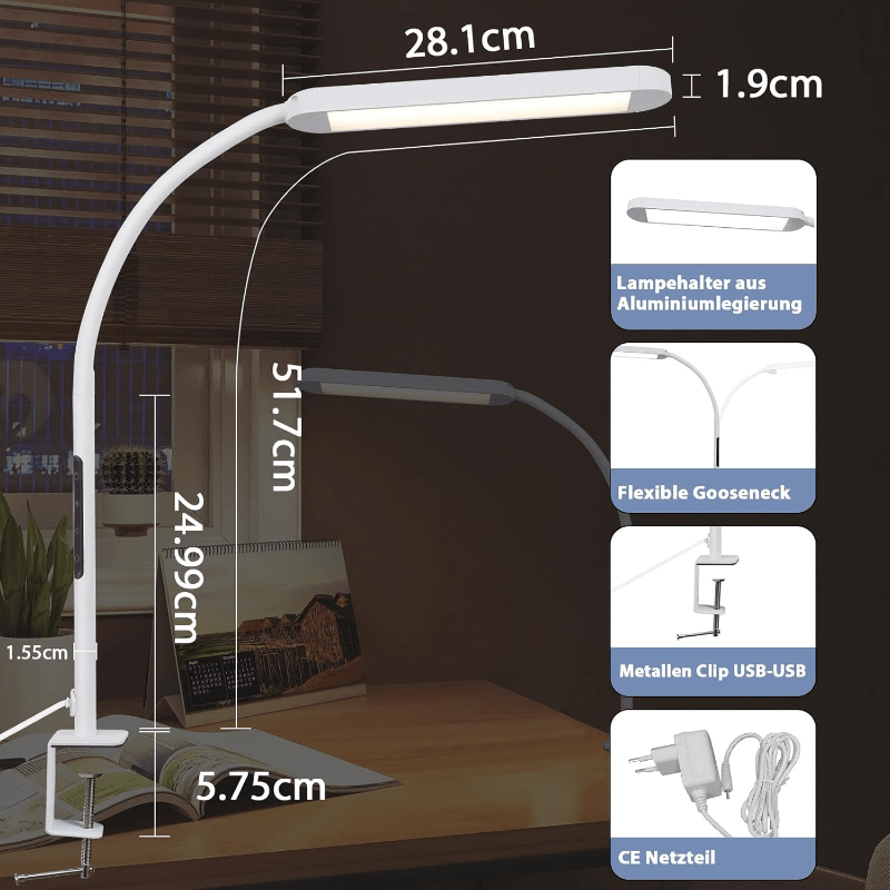 Homefire Schreibtischlampe LED Dimmbar - Klemmbar Tischlampe mit Stecker Bürolampe Tageslichtlampe Weiß 5 Farbtemperatur-Helligkeitsstufen 11W Flexibel Arbeitsplatzleuchte mit Nachtlicht Timerfunktion - Homefire