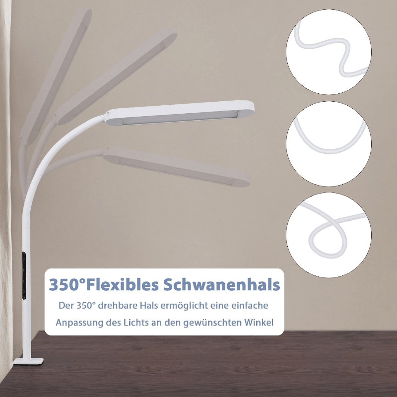 Homefire Schreibtischlampe LED Dimmbar - Klemmbar Tischlampe mit Stecker Bürolampe Tageslichtlampe Weiß 5 Farbtemperatur-Helligkeitsstufen 11W Flexibel Arbeitsplatzleuchte mit Nachtlicht Timerfunktion - Homefire