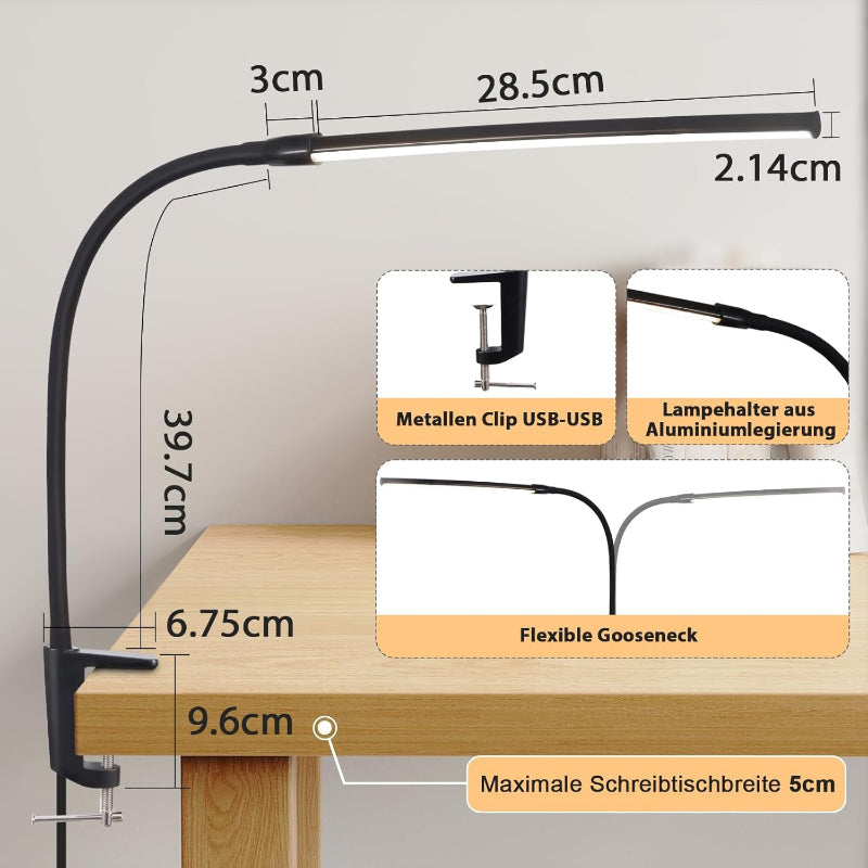 Homefire Schreibtischlampe LED Klemmbar Dimmbare: Schwarz Schreibtischlampen 3 Farben 5 Helligkeitsstufen 5W Flexibel Klemmleuchte Tischlampe Augenschutz Tageslichtlampe für Büro Arbeitszimmer [Energieklasse E] - Homefire