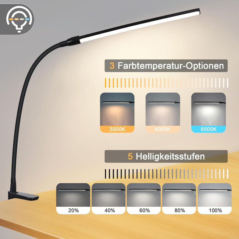 Homefire Schreibtischlampe LED Klemmbar Dimmbare: Schwarz Schreibtischlampen 3 Farben 5 Helligkeitsstufen 5W Flexibel Klemmleuchte Tischlampe Augenschutz Tageslichtlampe für Büro Arbeitszimmer [Energieklasse E] - Homefire