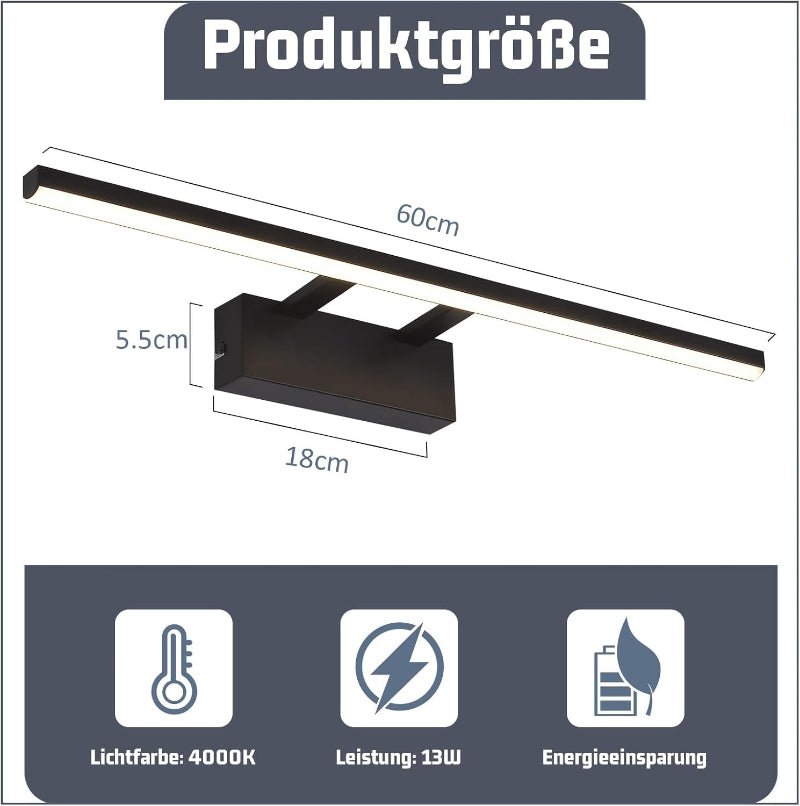 Homefire Spiegellampe LED Spiegelleuchte Bad - 60CM Badezimmer Wandleuchte Schwarz Spiegelleuchten Modern 4000K Neutralweiß Badlampe Flur Wandleuchte für Büro Küche Spiegelschrank [Energieklasse F] - Homefire
