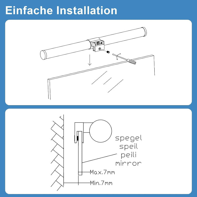 Homefire Spiegellampe LED Spiegelleuchte Bad - Badezimmer Spiegel Beleuchtung Klemmbar 60CM Badleuchte Wasserdicht IP44 Badlampe Modern Neutralweiß 4000K Weiß für Badschrank Spiegelschrank - Homefire