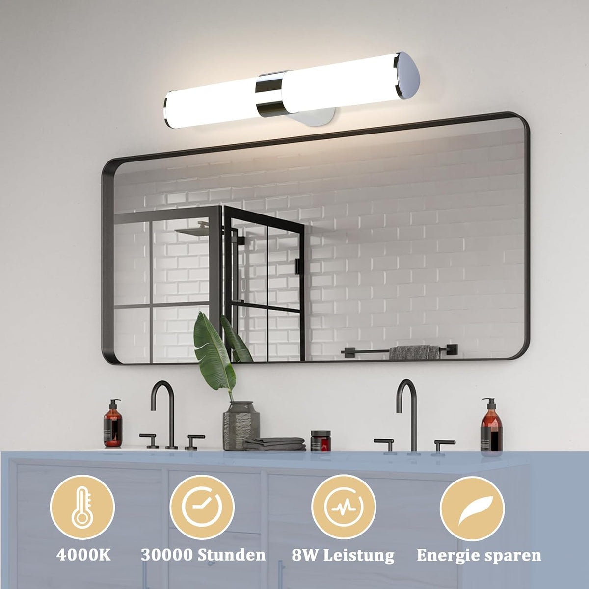 Homefire Spiegelleuchte Bad Led Wandlampe - 8W 40cm Badezimmer Spiegel Lampe Neutralweiße Lichtfarbe 4000K Wandleuchte Chrom Badlampe Spiegelschrank Beleuchtung - Homefire