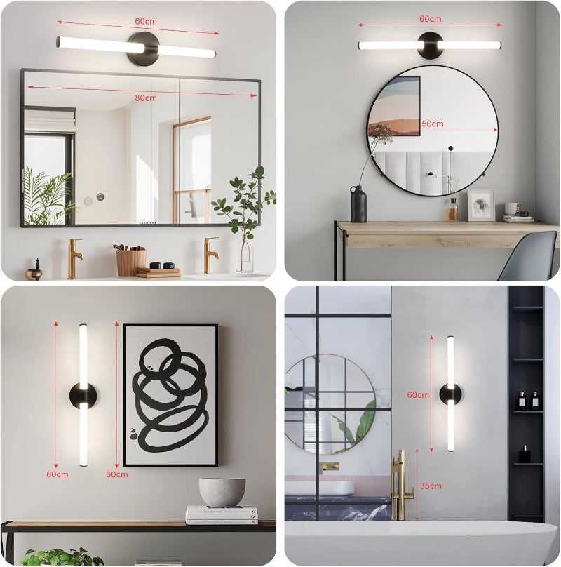 Homefire Spiegelleuchte LED Bad Schwarz - Spiegellampe Badezimmer 60CM Badleuchte Wand 8W Wasserdicht IP44 Wandleuchte Modern Neutralweiß 4000K Wandlampe Schwarz für Flur Schlafzimmer Büro - Homefire