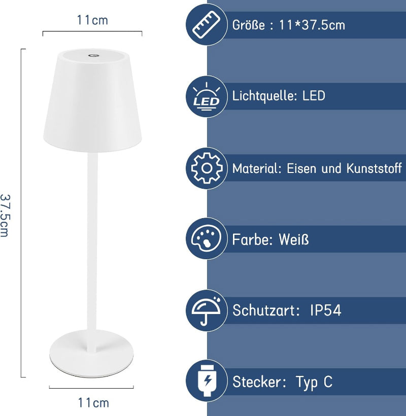 Homefire Tischlampe Kabellos Akku LED Tischleuchte - Nachttischlampe Touch Outdoor Dimmbar Schreibtischlampe IP54 Tisch Bettleuchte USB Aufladbar Weiß für Schreibtisch Nachttisch Schlafzimmer - Homefire