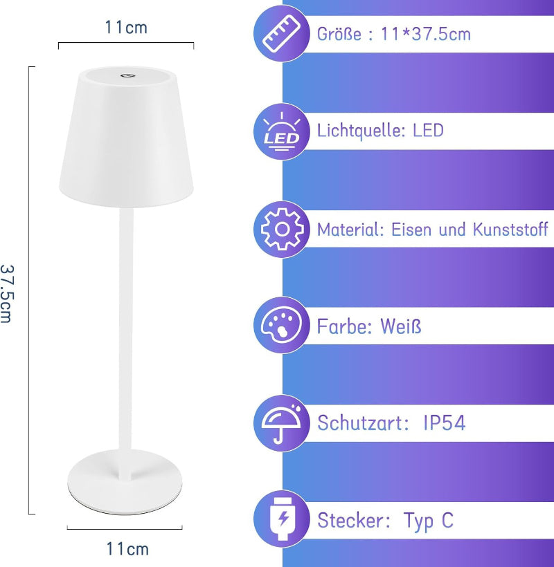 Homefire Tischlampe Kabellos LED Tischleuchte Akku - Outdoor Nachttischlampe RGB Touch Dimmbar Schreibtischlampe IP54 Bettlampe Tisch USB Nachttischleuchte Schlafzimmer Aufladbar Weiß für Schreibtisch [Energieklasse D] - Homefire