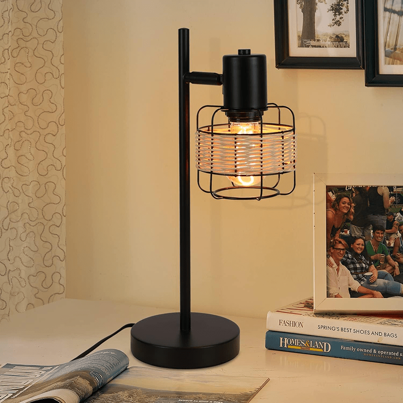 Homefire Tischlampe Vintage Landhaus Tischleuchte - Rattan Nachttischlampe Retro Schwarz Rustikal aus Bambus Metall mit Schalter E27 Boho in Natur Schwenkbar 120° für Wohnzimmer Schlafzimmer - Homefire