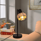 Homefire Tischlampe Vintage Landhaus Tischleuchte - Rattan Nachttischlampe Retro Schwarz Rustikal aus Bambus Metall mit Schalter E27 Boho in Natur Schwenkbar 120° für Wohnzimmer Schlafzimmer - Homefire