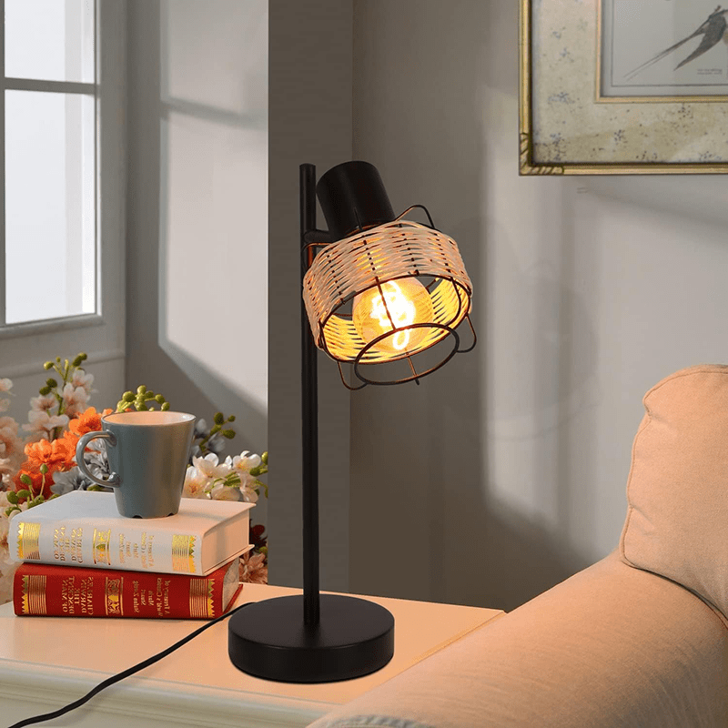 Homefire Tischlampe Vintage Landhaus Tischleuchte - Rattan Nachttischlampe Retro Schwarz Rustikal aus Bambus Metall mit Schalter E27 Boho in Natur Schwenkbar 120° für Wohnzimmer Schlafzimmer - Homefire