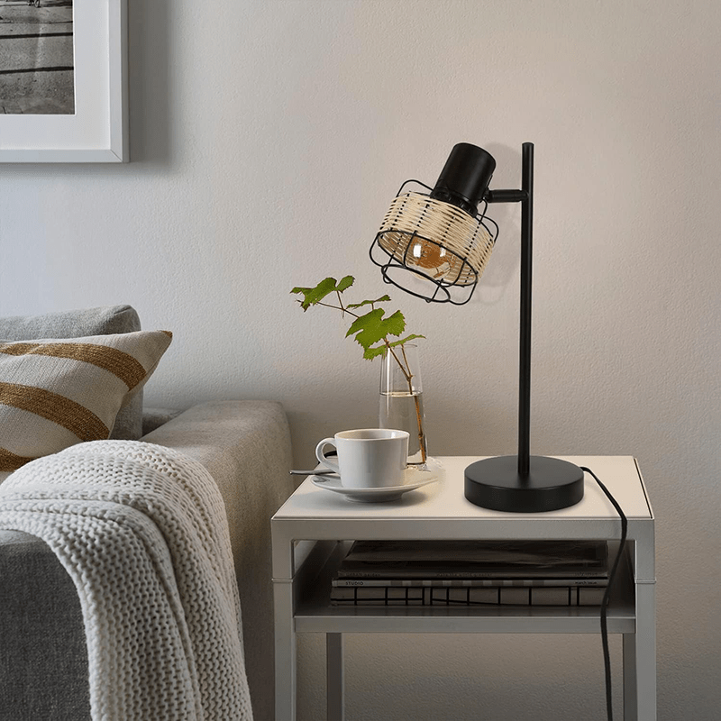 Homefire Tischlampe Vintage Landhaus Tischleuchte - Rattan Nachttischlampe Retro Schwarz Rustikal aus Bambus Metall mit Schalter E27 Boho in Natur Schwenkbar 120° für Wohnzimmer Schlafzimmer - Homefire