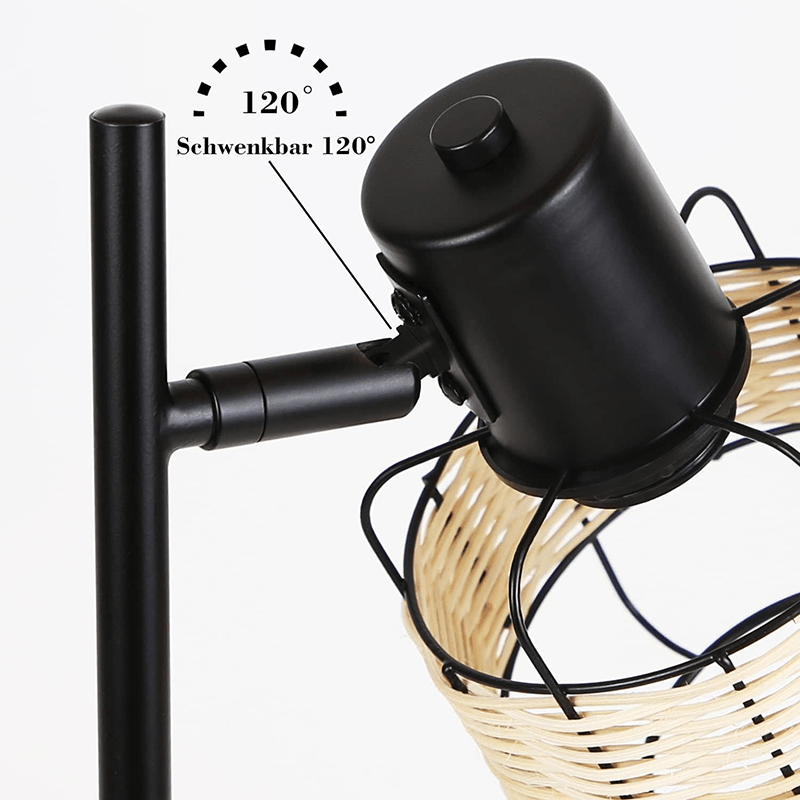 Homefire Tischlampe Vintage Landhaus Tischleuchte - Rattan Nachttischlampe Retro Schwarz Rustikal aus Bambus Metall mit Schalter E27 Boho in Natur Schwenkbar 120° für Wohnzimmer Schlafzimmer - Homefire