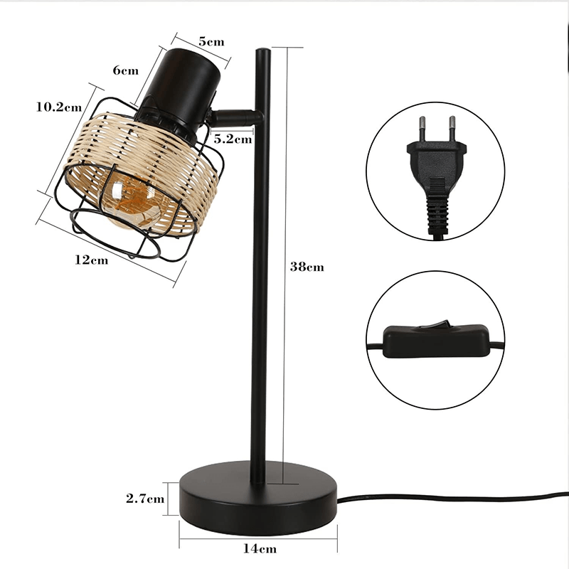 Homefire Tischlampe Vintage Landhaus Tischleuchte - Rattan Nachttischlampe Retro Schwarz Rustikal aus Bambus Metall mit Schalter E27 Boho in Natur Schwenkbar 120° für Wohnzimmer Schlafzimmer - Homefire