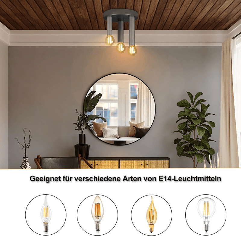 Homefire Vintage Deckenlampe Deckenleuchte 3-flammige - Retro Deckenspots E14 Industrial Wohnzimmerlampe Grau Schlafzimmerlampe mit 3 Spots Metall Kronleuchter für Wohnzimmer Küche flur bar - Homefire