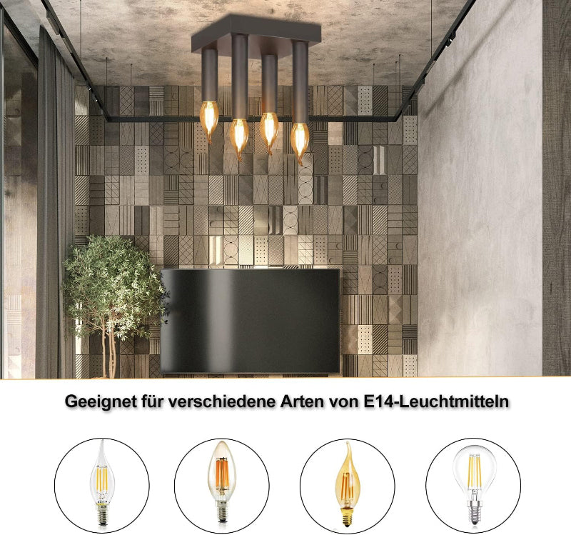 Homefire Vintage Deckenlampe Deckenleuchte 4-flammige - Retro Deckenspots E14 Industrial Wohnzimmerlampe Grau Schlafzimmerlampe mit 4 Spots Metall Kronleuchter für Wohnzimmer Küche flur bar - Homefire