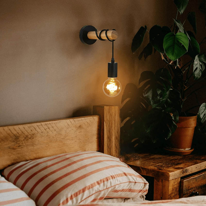 Homefire Wandlampe Holz Wandleuchte Vintage Innen - Schwarz Retro E27 in Industrial Rustikal Design Wandstrahler Landhaus für Schlafzimmer Bett Wohnzimmer Café Restaurants Dekorative Beleuchtung - Homefire