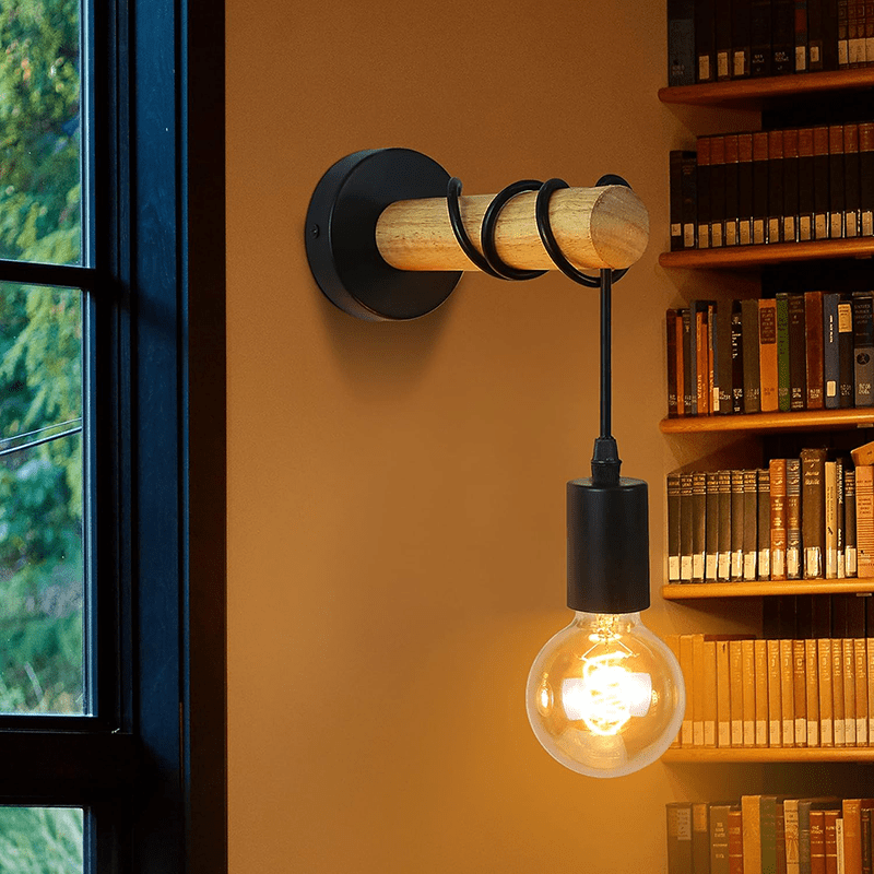 Homefire Wandlampe Holz Wandleuchte Vintage Innen - Schwarz Retro E27 in Industrial Rustikal Design Wandstrahler Landhaus für Schlafzimmer Bett Wohnzimmer Café Restaurants Dekorative Beleuchtung - Homefire