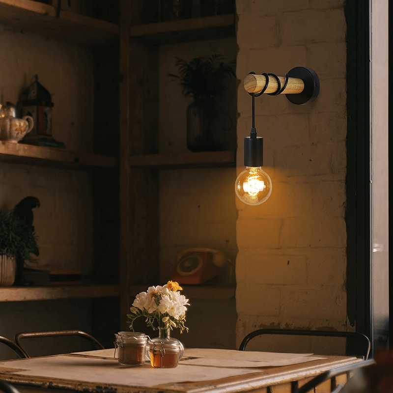 Homefire Wandlampe Holz Wandleuchte Vintage Innen - Schwarz Retro E27 in Industrial Rustikal Design Wandstrahler Landhaus für Schlafzimmer Bett Wohnzimmer Café Restaurants Dekorative Beleuchtung - Homefire