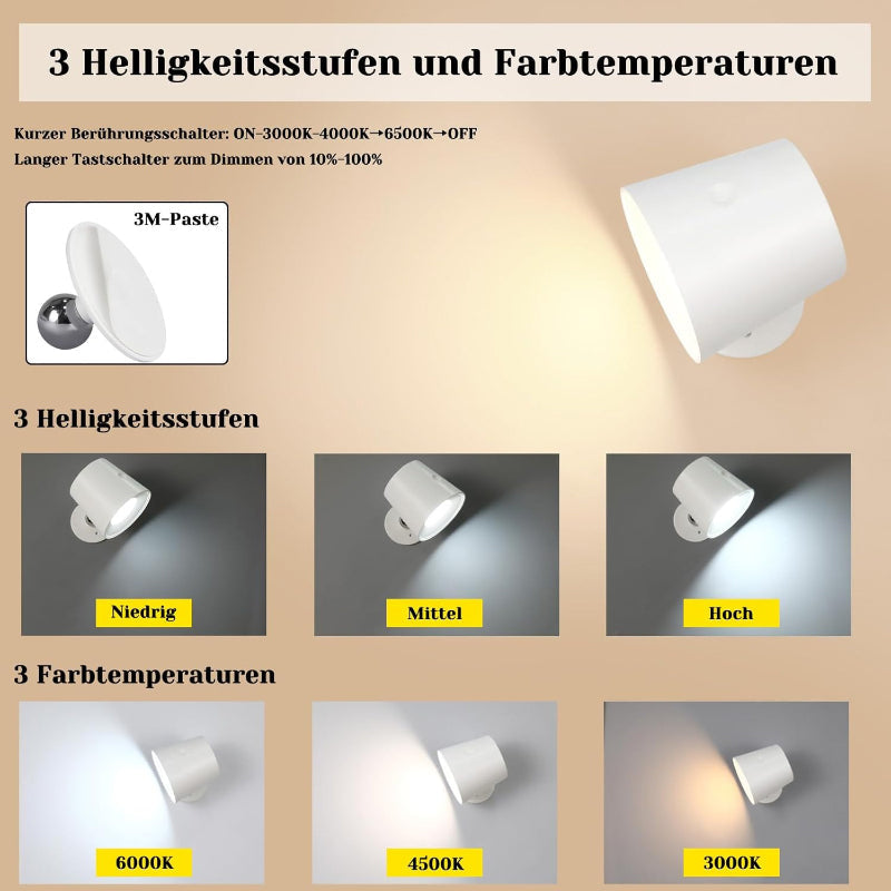 Homefire Wandlampe LED Wandleuchte Innen: Wandlampe mit akku ohne Stromanschluss mit Touch Dimmbar 360° drehbar Leselampe Weiße Kabellose Wandlicht ohne bohren für Schlafzimmer Flur [Energieklasse G] - Homefire