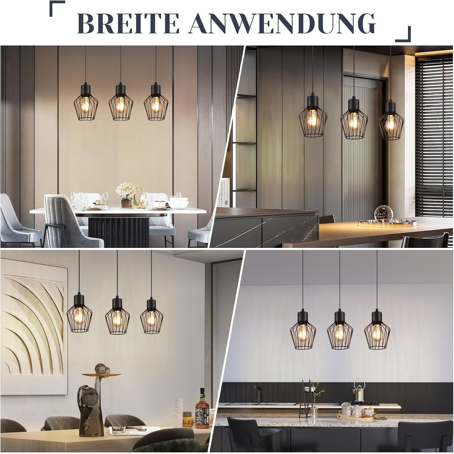 Pendellampe 3 Flammig Hängeleuchte Metall - Hängelampe Schwarz E27 Esszimmer Pendelleuchte Esstisch Küchenlampe Industrie LED für Flur Schlafzimmer Wohnzimmer Cafe