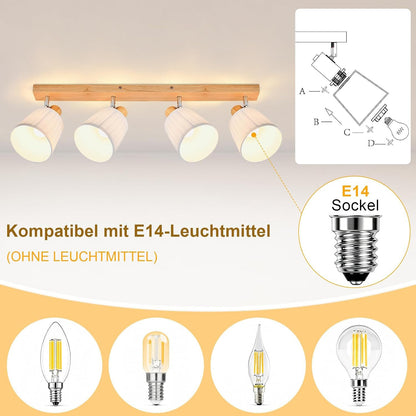 Homefire Deckenstrahler 4 Flammig Holz Deckenleuchte Deckenlampe Vintage | Schlafzimmerlampe E14 Boho mit Weiß Stoffschirm Retro drehbar 350°