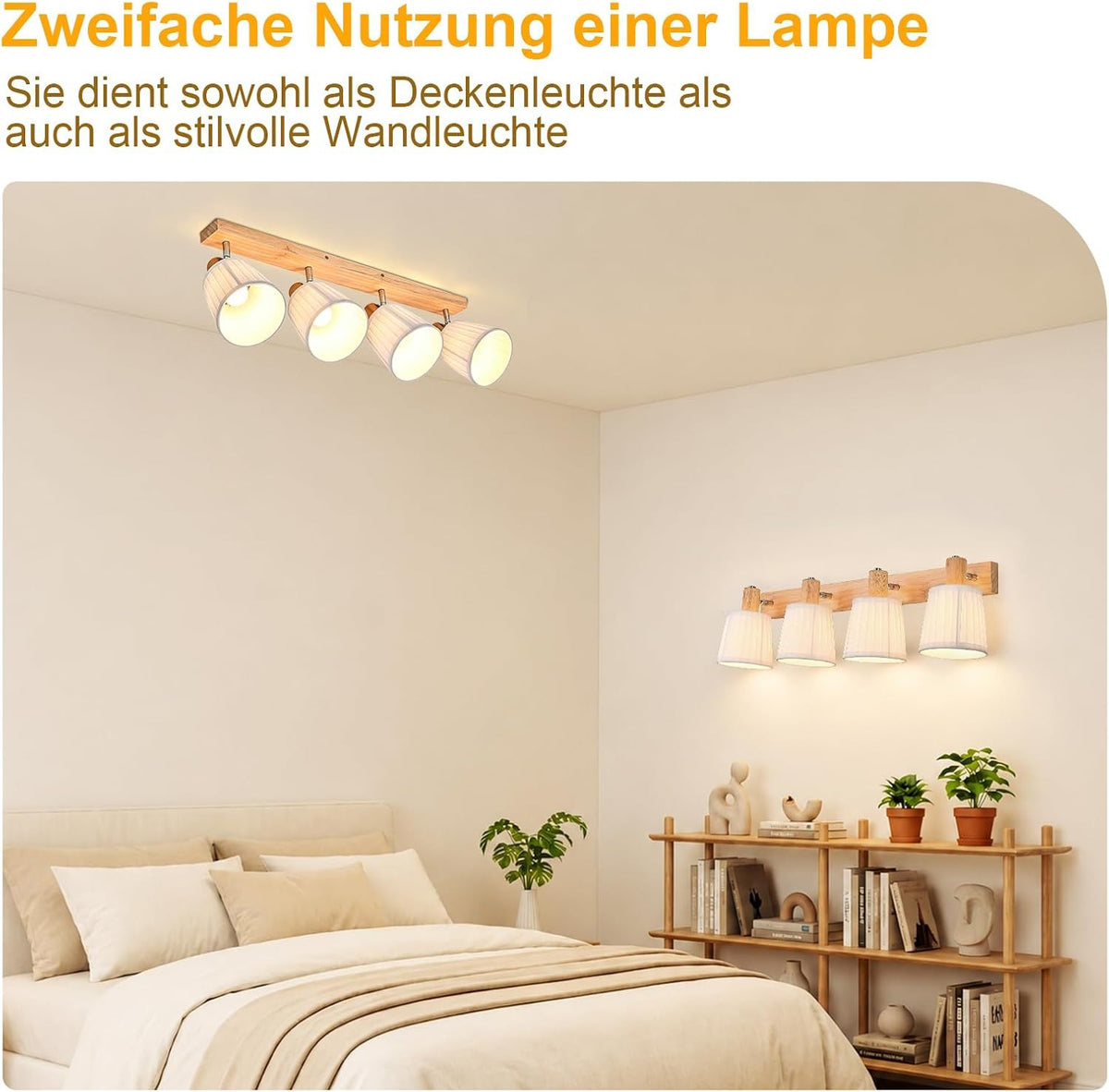 Homefire Deckenstrahler 4 Flammig Holz Deckenleuchte Deckenlampe Vintage | Schlafzimmerlampe E14 Boho mit Weiß Stoffschirm Retro drehbar 350°