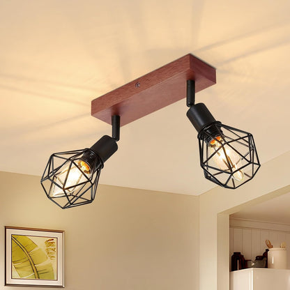 Homefire Deckenstrahler 2 Flammig Deckenlampe Vintage - Deckenleuchte Schwarz Holz Denckenspots E14 Retro Metall Schwenkbar 350°