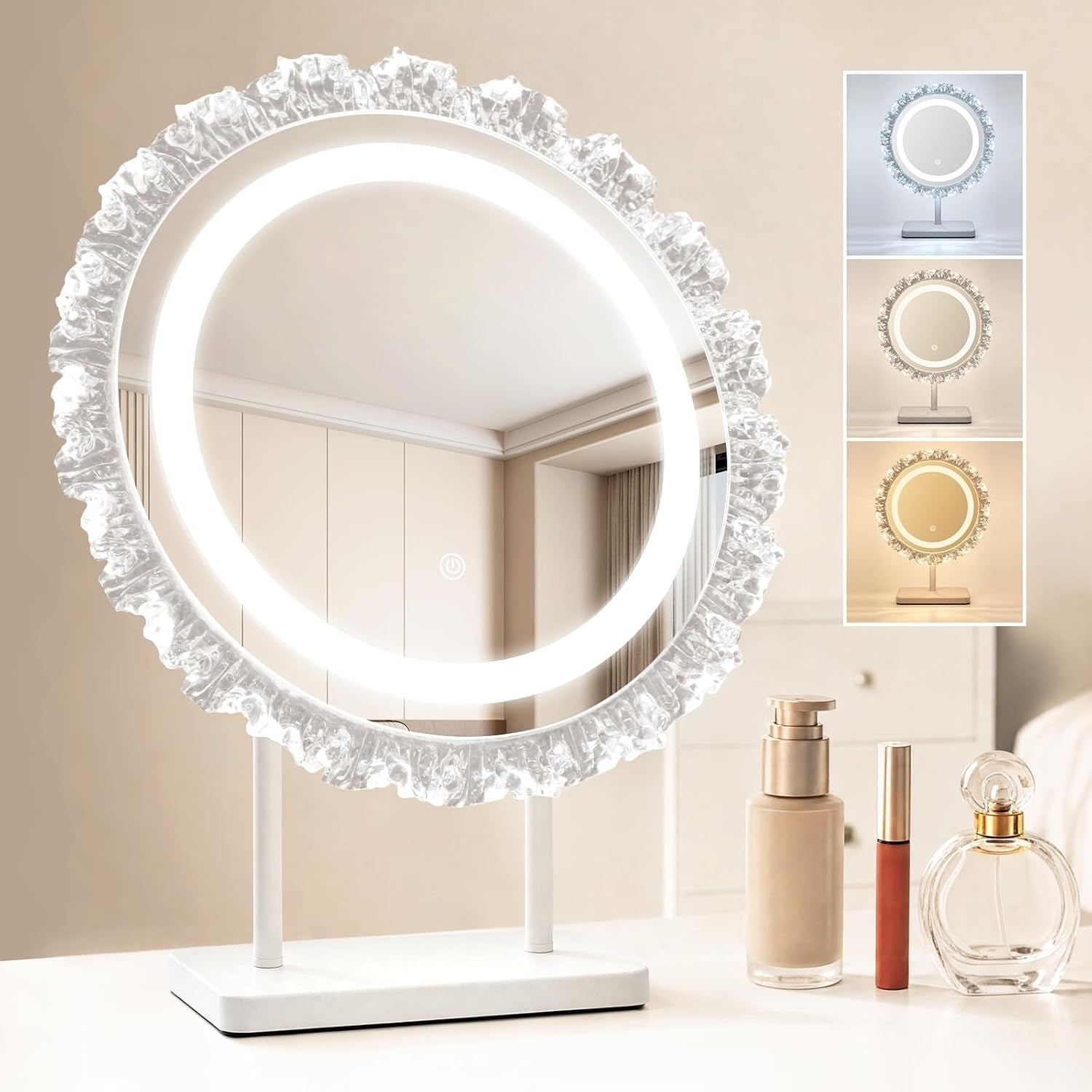 Rund Schminkspiegel mit Beleuchtung Hollywood Spiegel,40×48CM LED Schminktisch Kosmetikspiegel Mit Licht,Make Up Vanity Mirror with Light Klein Runder Schminktischspiegel Tischspiegel