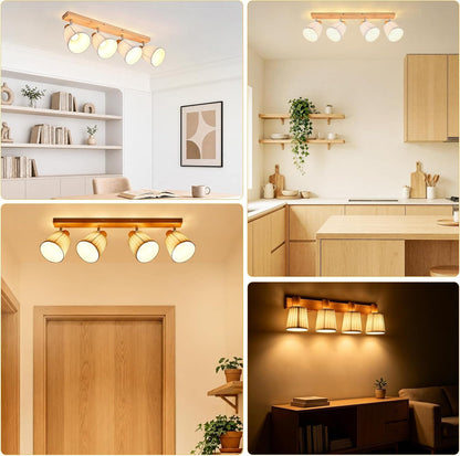 Homefire Deckenstrahler 4 Flammig Holz Deckenleuchte Deckenlampe Vintage | Schlafzimmerlampe E14 Boho mit Weiß Stoffschirm Retro drehbar 350°
