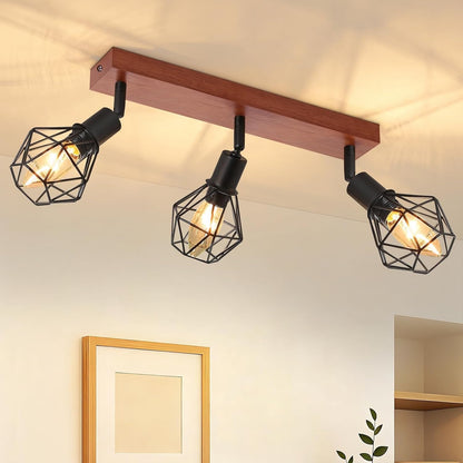 Homefire Deckenstrahler 3 Flammig Schwarz Holz - E14 Denckenspots Retro Deckenlampe Metall Schwenkbar 350° Deckenleuchte