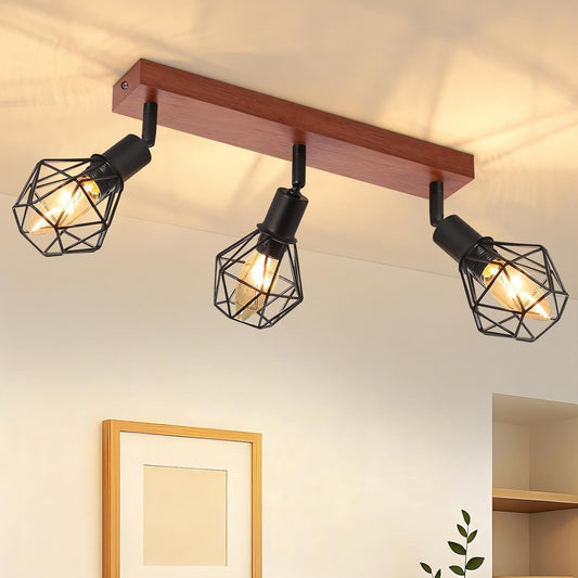 Homefire Deckenstrahler 3 Flammig Schwarz Holz - E14 Denckenspots Retro Deckenlampe Metall Schwenkbar 350° Deckenleuchte