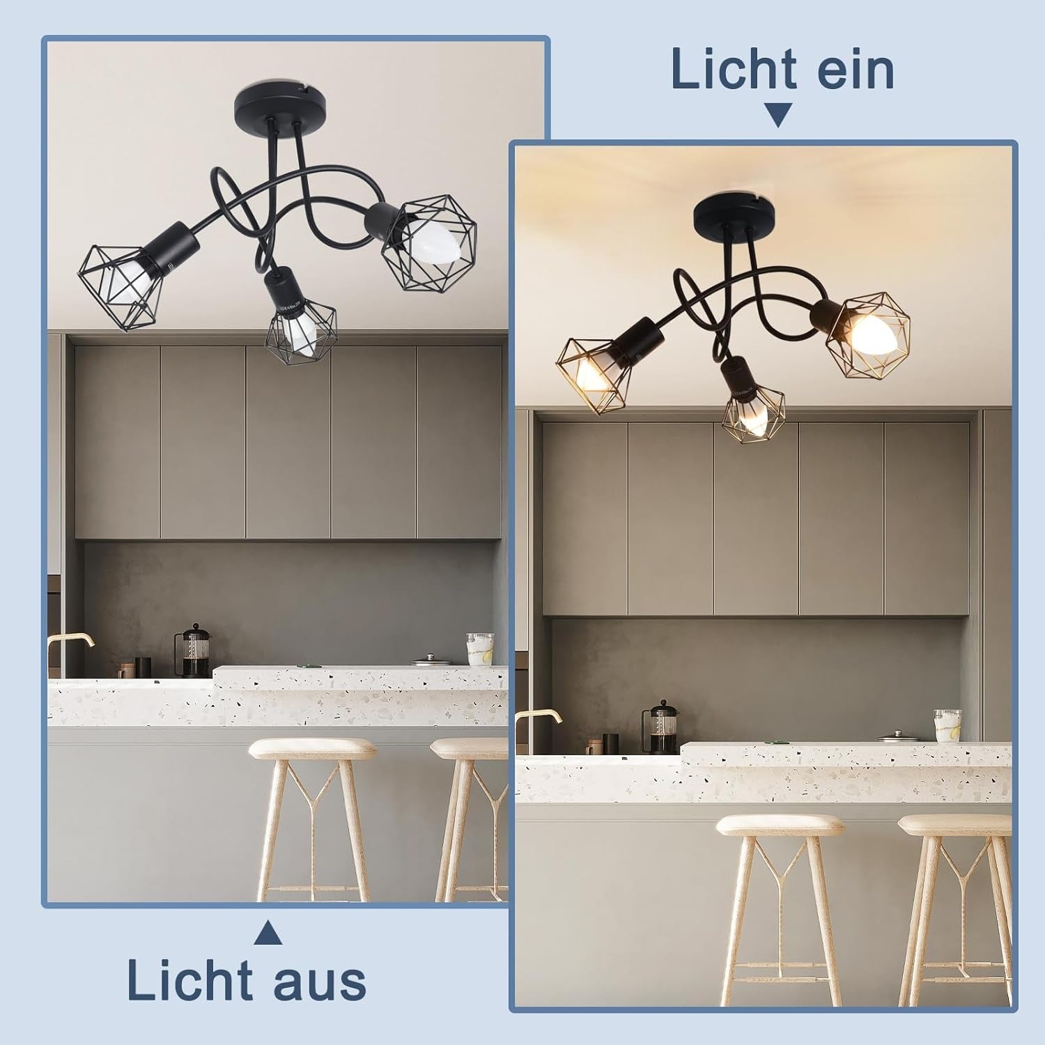 Homefire LED Deckenstrahler 3 Flammig Deckenleuchte Schwarz - Deckenlampe Vintage Industrial E14 Spotlight Deckenspots Küche Wohnzimmer Ohne Leuchtmittel