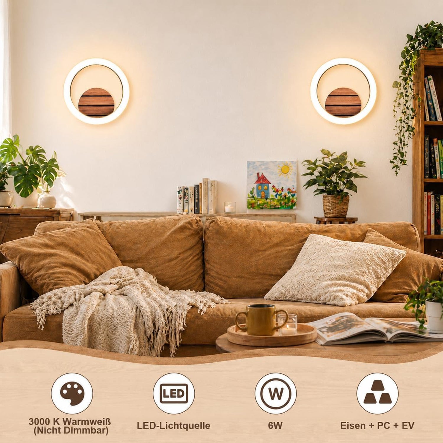 Homefire LED Wandlampe Innen Wandleuchte - Flurlampe 20CM Modern Design Klein Flur 3000K Warmweiß Küchenlampe Rund 6W Indirekt Treppenhauslampe in Holzoptik Schlafzimmerlampe für Wohnzimmer Schlafzimmer