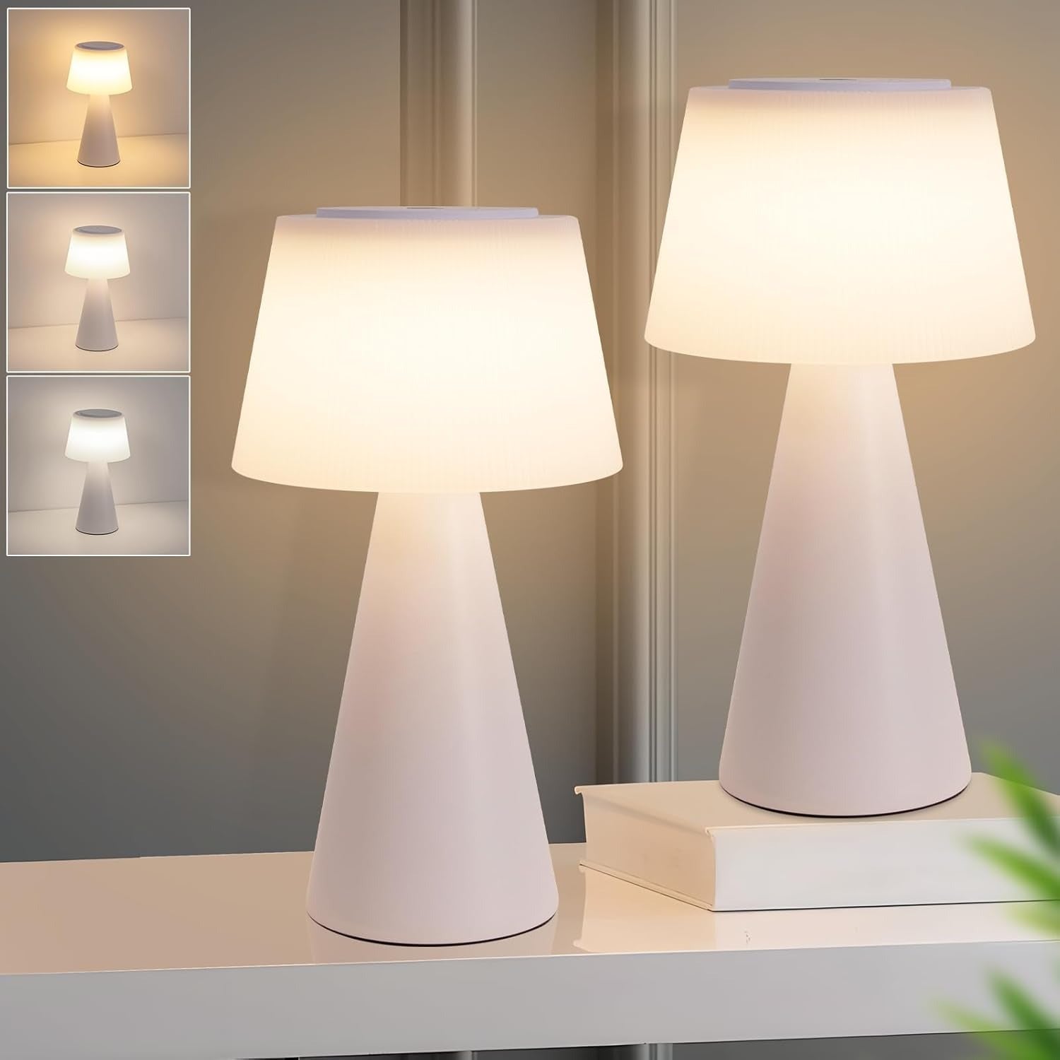 Homefire Tischlampe Akku Nachttischlampe LED - 2er Set 3600mAH Kabellos Tischleuchte Touch Dimmbar Lampe mit USB Aufladbar Weiß Batterie Tischlampen IP44 für Modern Wohnzimmer Schlafzimmer Outdoor