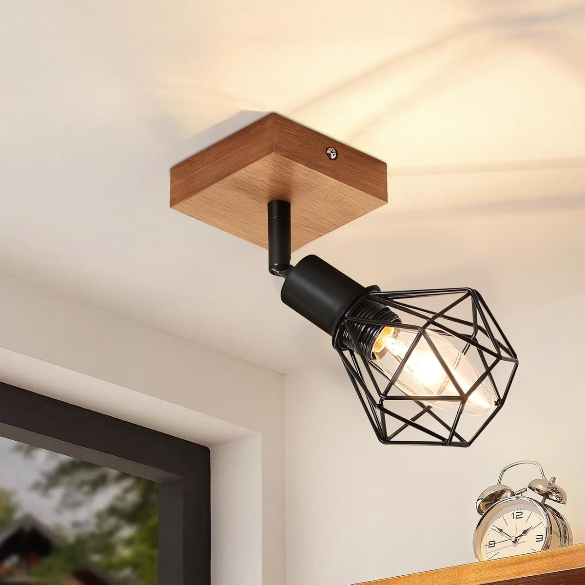 Homefire Deckenstrahler 1 Flammig Schwarz Deckenspot - Holz Deckenlampe E14 Vintage Metall Schwenkbar 350° Innen Deckenleuchte