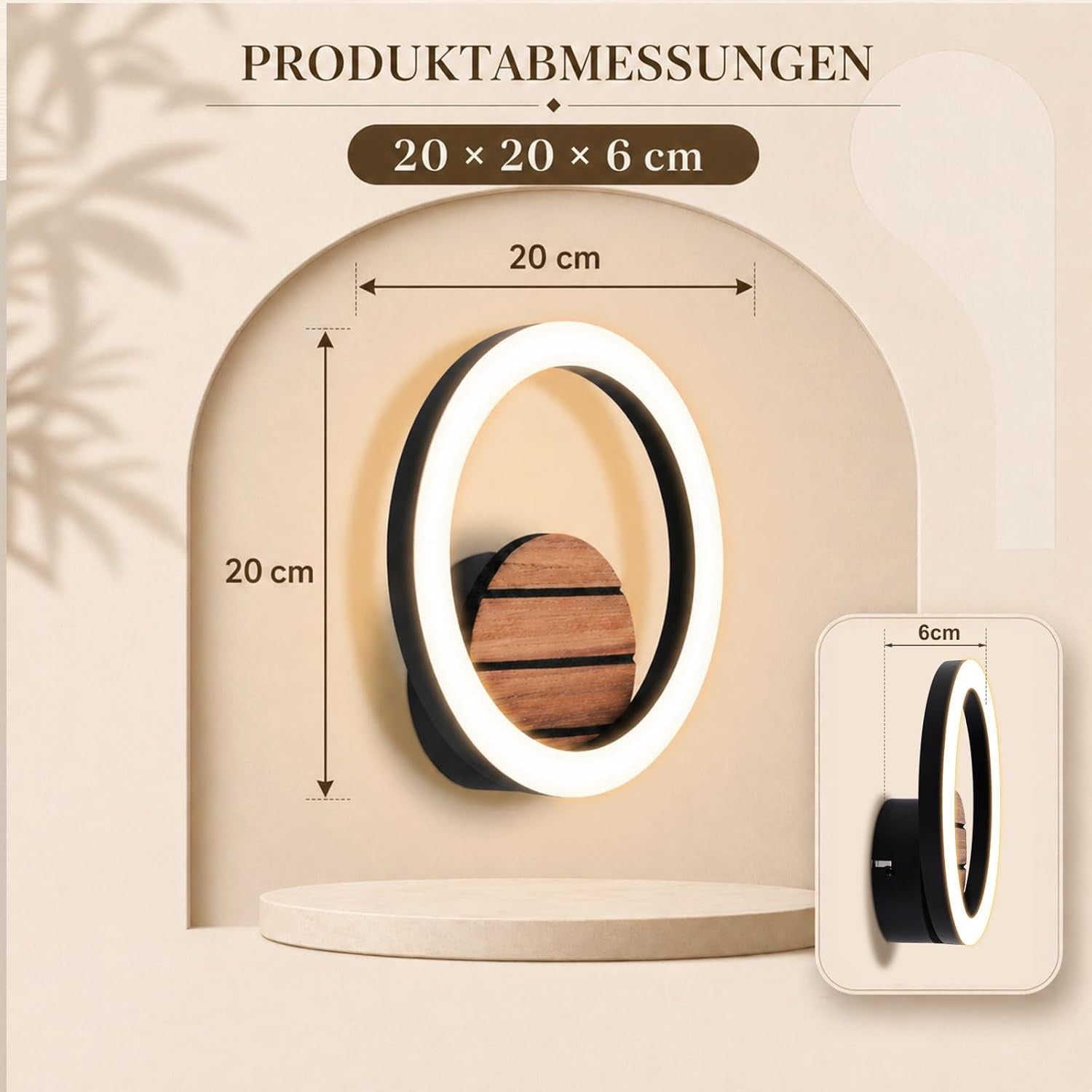 Homefire LED Wandlampe Innen Wandleuchte - Flurlampe 20CM Modern Design Klein Flur 3000K Warmweiß Küchenlampe Rund 6W Indirekt Treppenhauslampe in Holzoptik Schlafzimmerlampe für Wohnzimmer Schlafzimmer