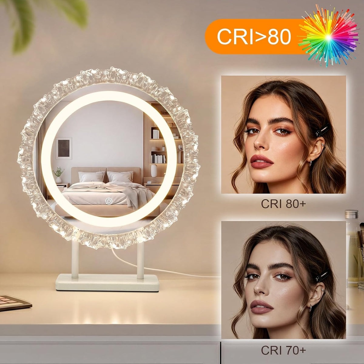 Rund Schminkspiegel mit Beleuchtung Hollywood Spiegel,40×48CM LED Schminktisch Kosmetikspiegel Mit Licht,Make Up Vanity Mirror with Light Klein Runder Schminktischspiegel Tischspiegel