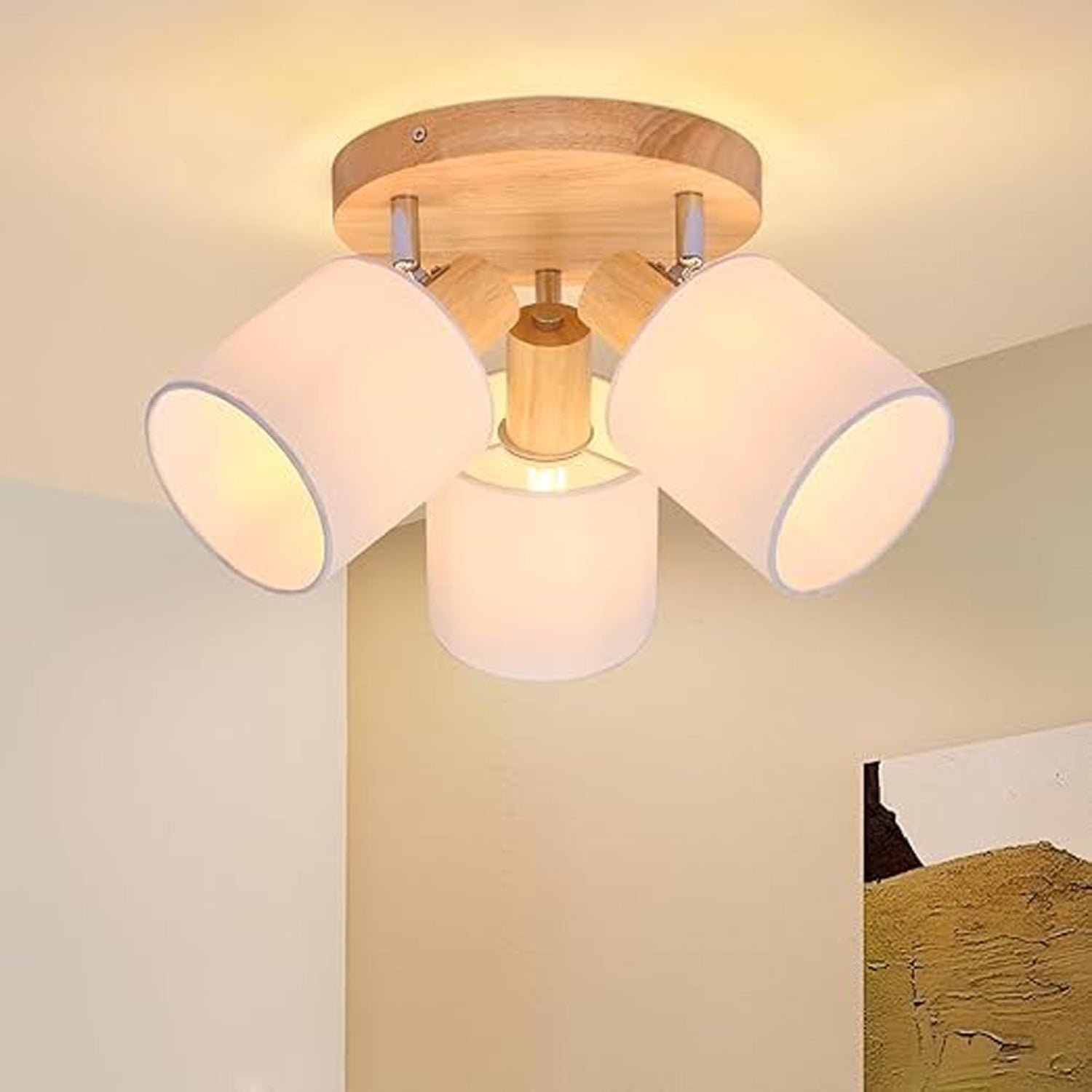 Homefire Deckenstrahler 3 Flammig Rund Holz - LED Deckenlampe Strahler Deckenleuchte E14 Spotleuchte Schenkbar 350° für Küche Wohnzimmer Schlamfzimmer Flur